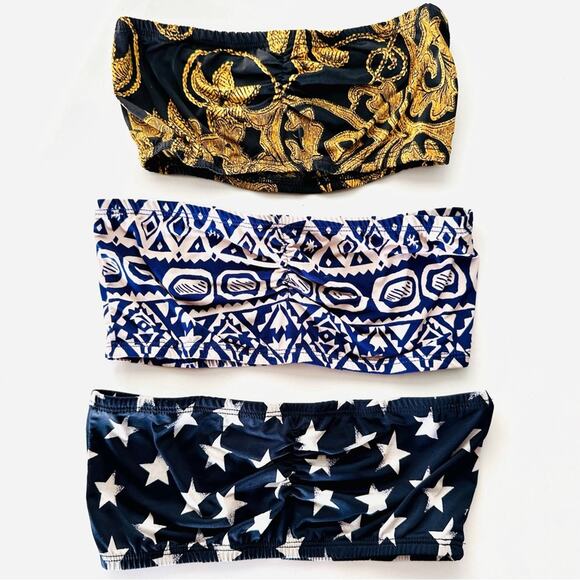 3 SEE YOU MONDAY Blue White Print Bandeau Strapless Tube Bralette Bra Crop Top S - Picture 1 of 9